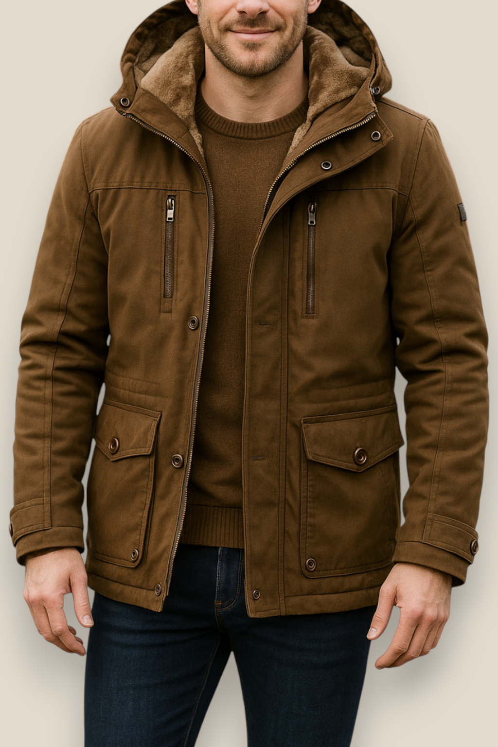 Men’s Padded Utility Coat, Mid-Length Fleece-Lined Thick Winter Jacket, Warm Overcoat