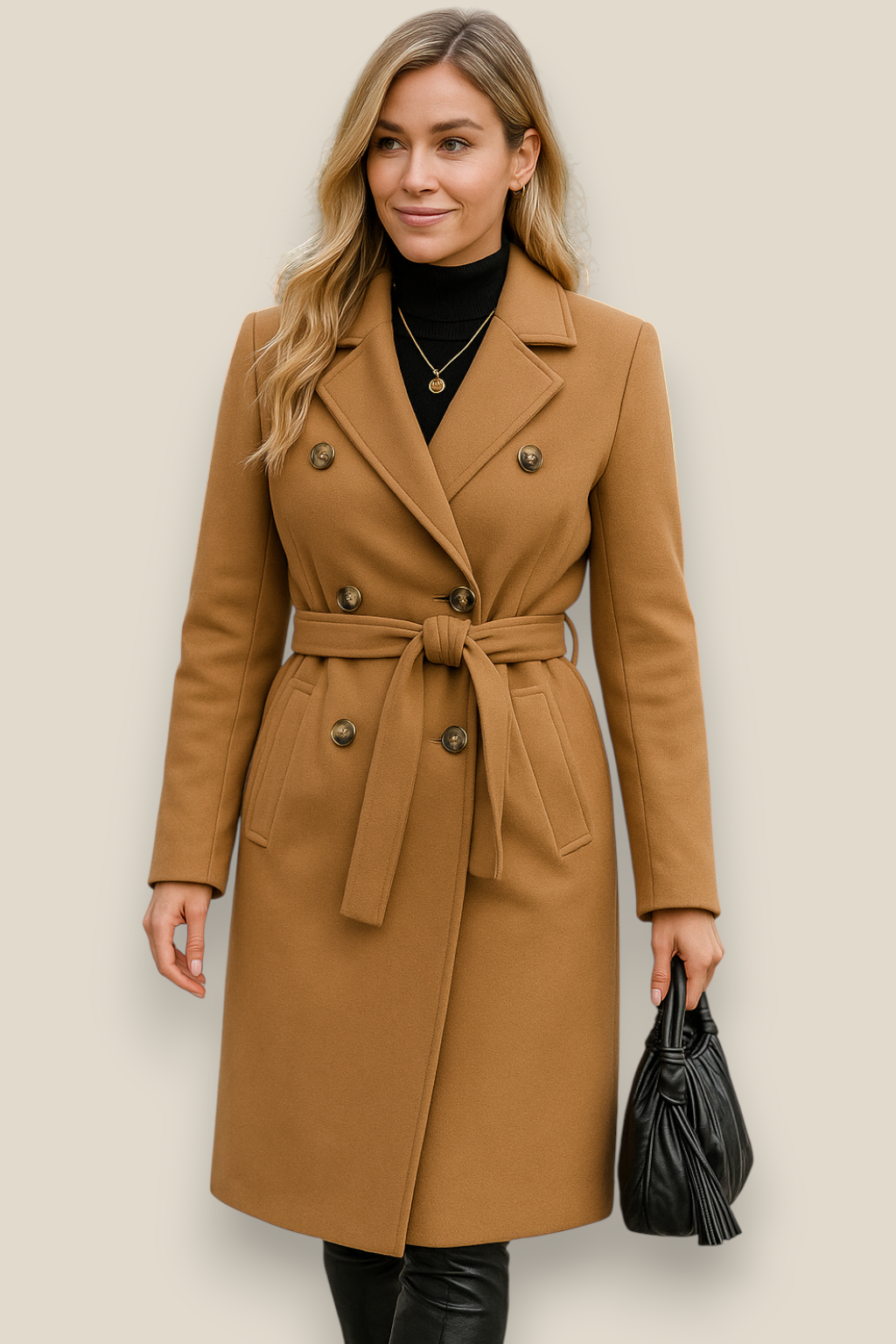 Women’s Belted Wool Coat - Double Breasted Elegant Long Sleeve Jacket
