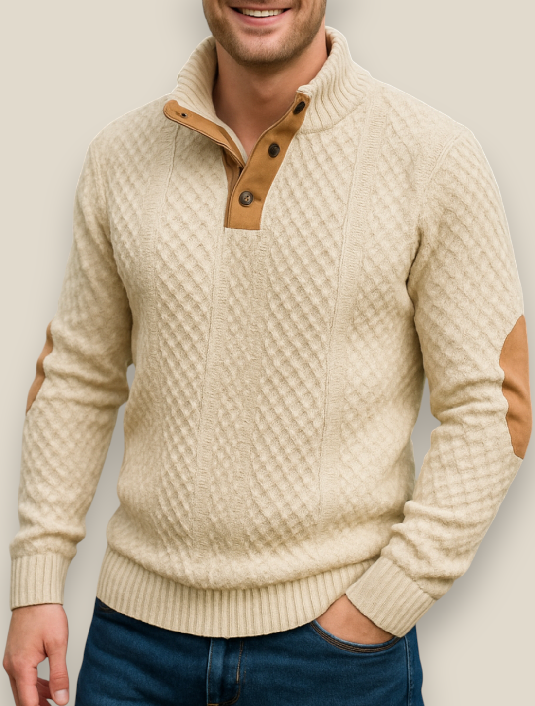 Men’s Jacquard Knit Jumper, Quilted Long Sleeve Sweater, Warm Casual Top