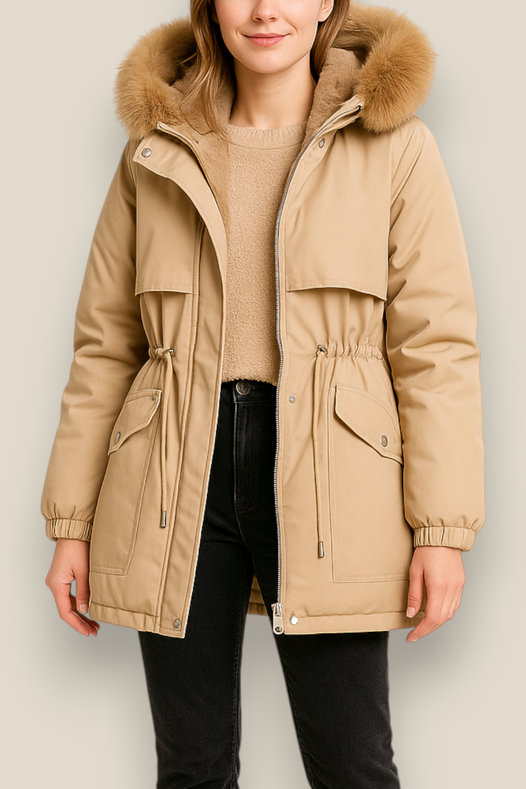 Women’s Fleece Hooded Down Jacket, Warm Winter Parka Coat