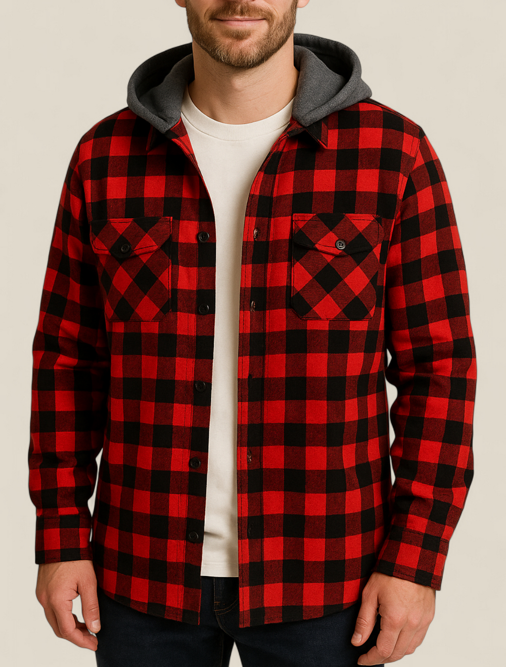 Men’s Hooded Flannel Shirt - Classic Plaid Long Sleeve Button Down Jacket