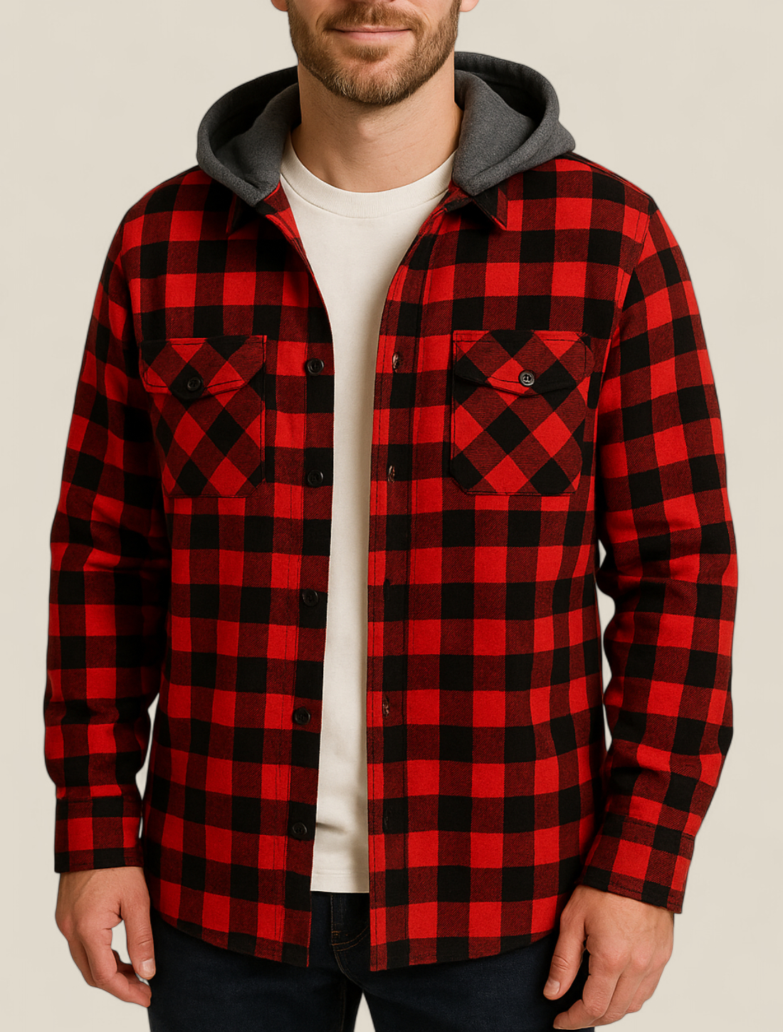 Men’s Hooded Flannel Shirt - Classic Plaid Long Sleeve Button Down Jacket
