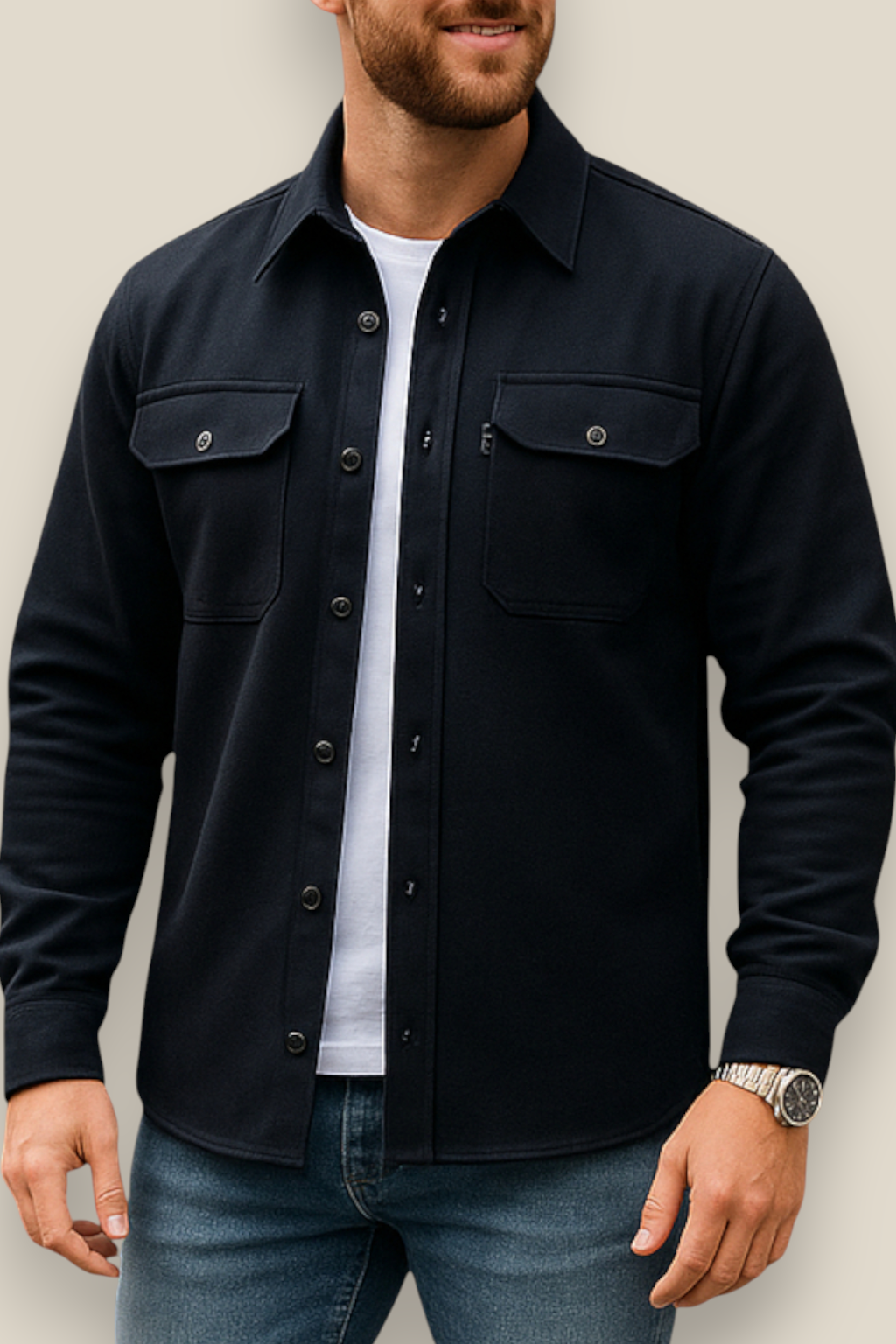 Men’s Casual Shirt Jacket - Single Breasted Long Sleeve Lapel Coat