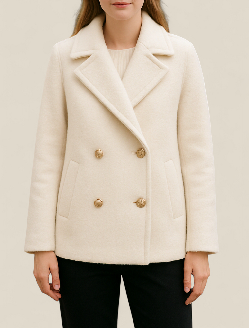 Women’s Double Breasted Coat, Pearl Button French Style Jacket, Warm Winter Top