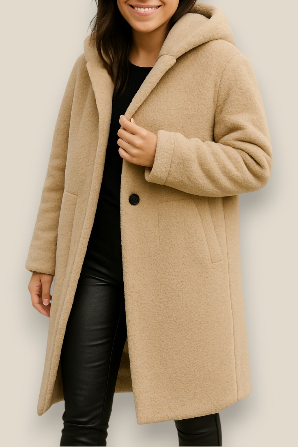 Women’s Plush Hooded Coat, Long Sleeve Single Button Jacket, Warm Winter Overcoat