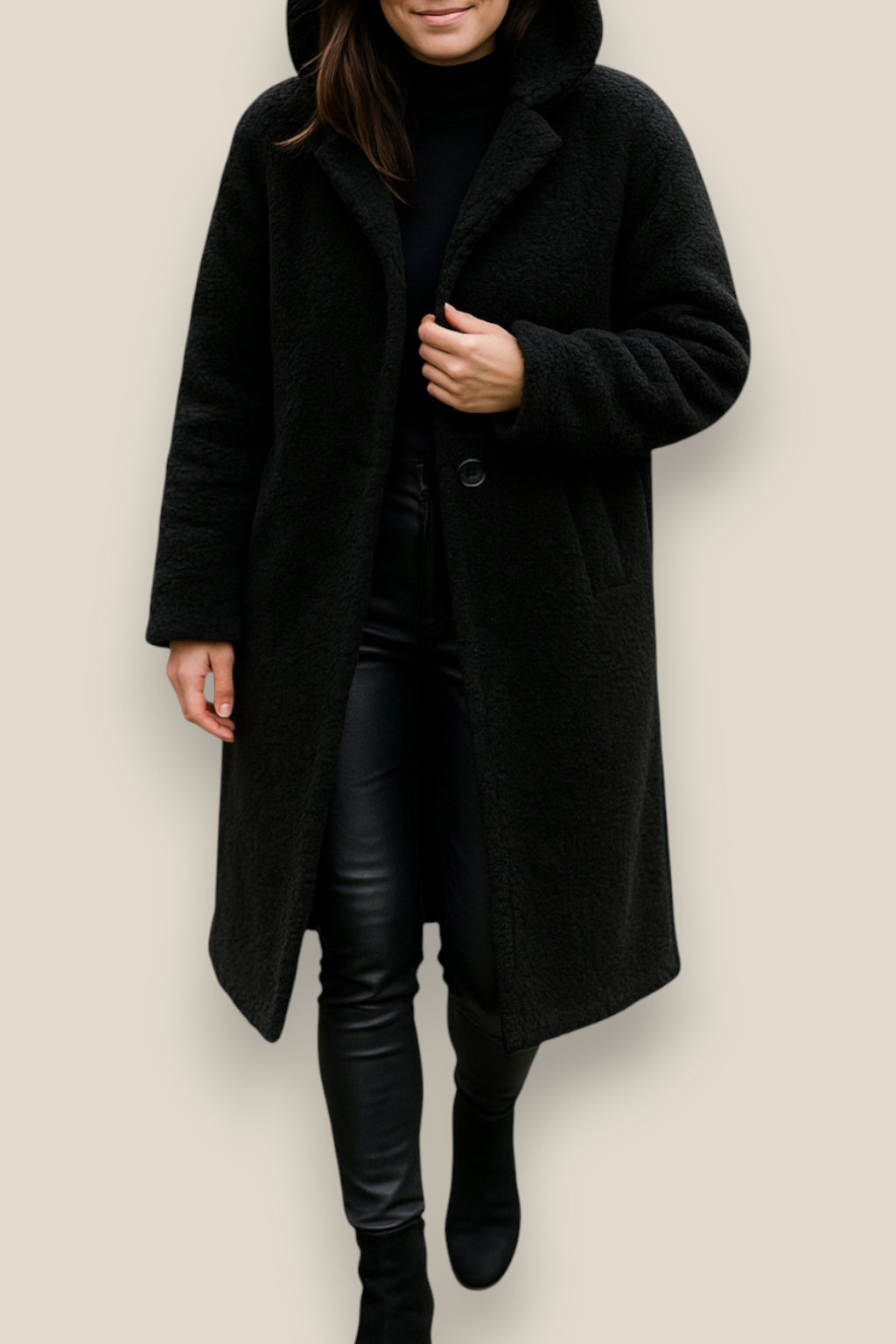 Women’s Plush Hooded Coat, Long Sleeve Single Button Jacket, Warm Winter Overcoat