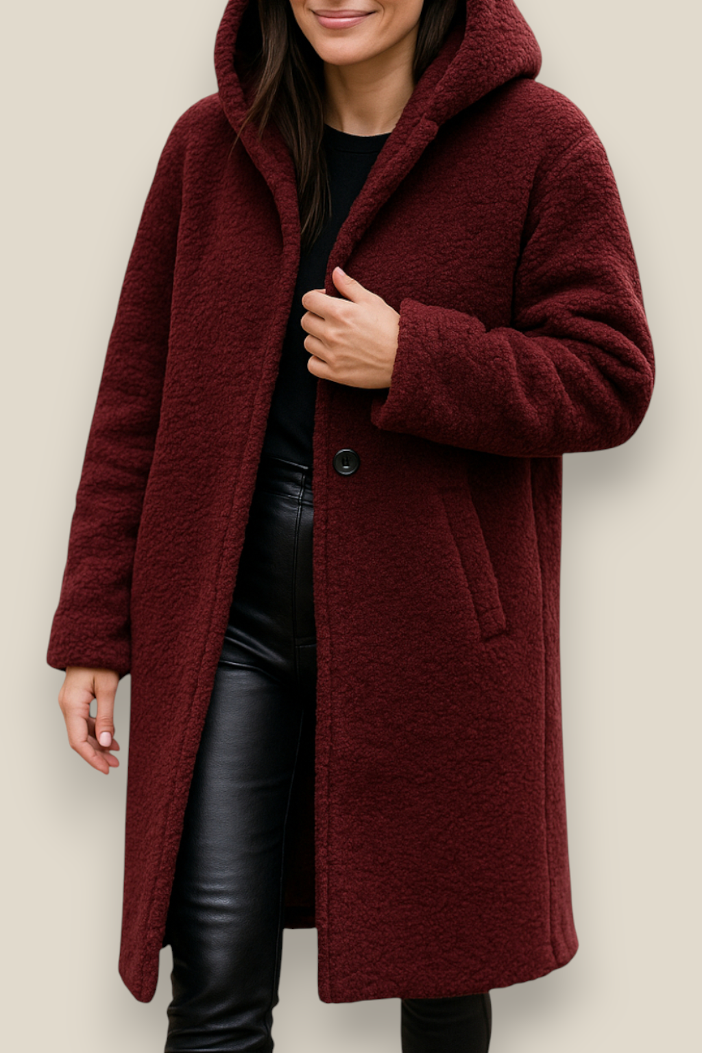 Women’s Plush Hooded Coat, Long Sleeve Single Button Jacket, Warm Winter Overcoat