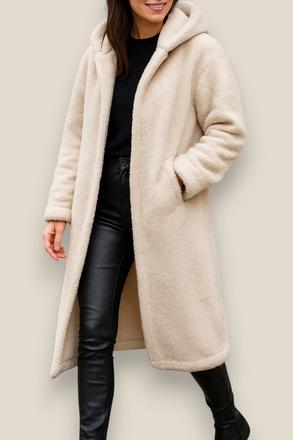 Women’s Plush Hooded Coat, Long Sleeve Single Button Jacket, Warm Winter Overcoat